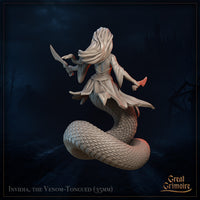 Rear view digital render of Invidia the Venom-Tongued naga miniature by Great Grimoire, showing the detailed scale texture of her serpentine tail, billowing sash, and flowing hair, with both blades visible, unpainted grey resin, 35mm scale