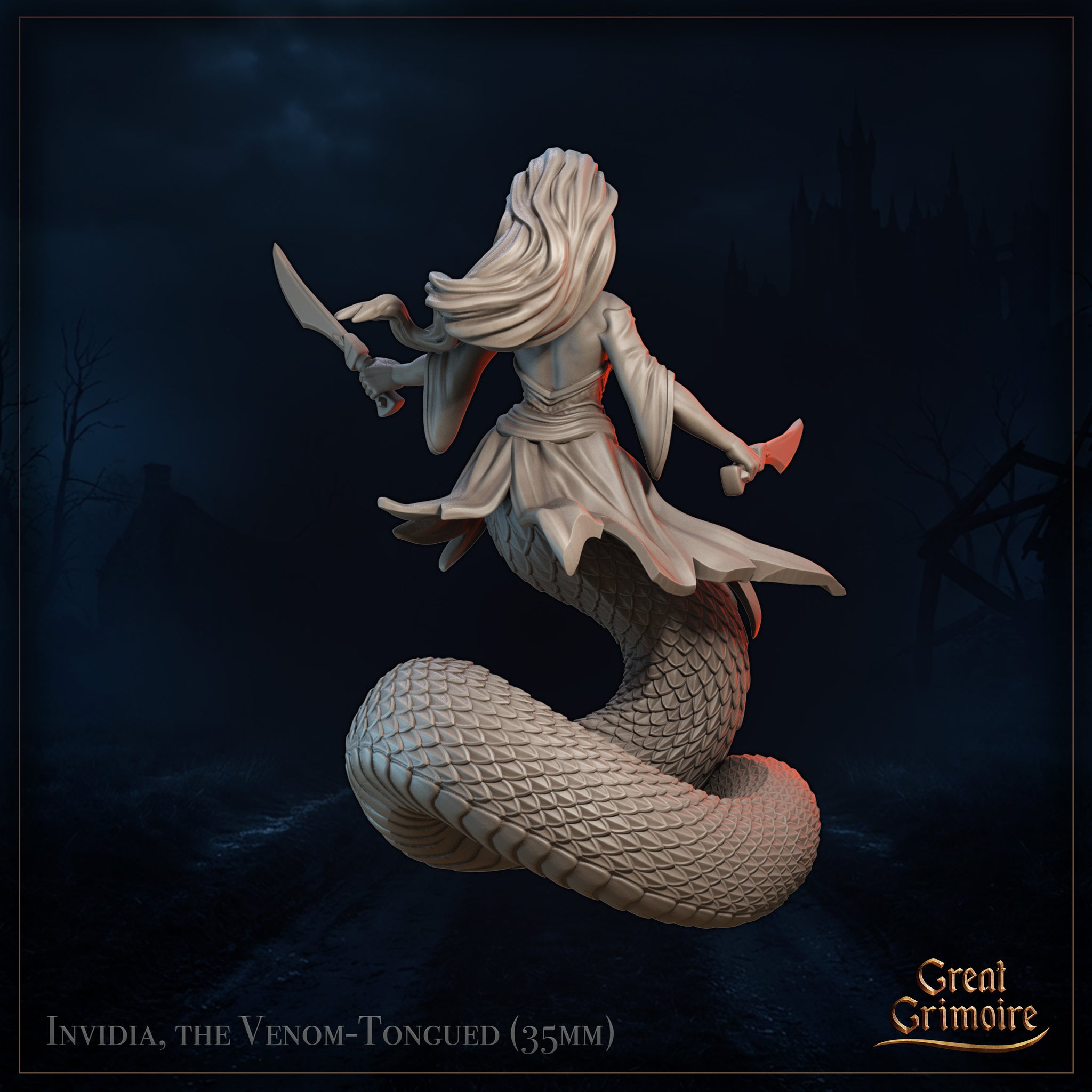 Rear view digital render of Invidia the Venom-Tongued naga miniature by Great Grimoire, showing the detailed scale texture of her serpentine tail, billowing sash, and flowing hair, with both blades visible, unpainted grey resin, 35mm scale