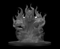Digital render of the Invisible Stalker miniature from D&D 2025 — an unpainted grey resin sculpt showing a swirling vortex of smoke and wind with a horned skull-like face at its centre and multiple curved clawed appendages reaching outward, mounted on a round base