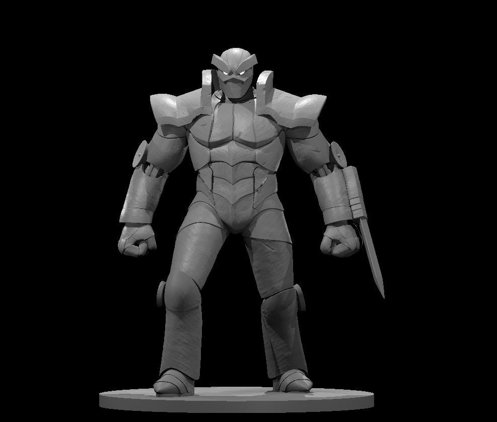Grey resin digital render of an Iron Golem miniature — a broad-shouldered construct in heavy segmented plate armour with angular brow plates, pauldrons, articulated limb panels, and a short blade held in the right hand, standing in a wide grounded stance on a round base