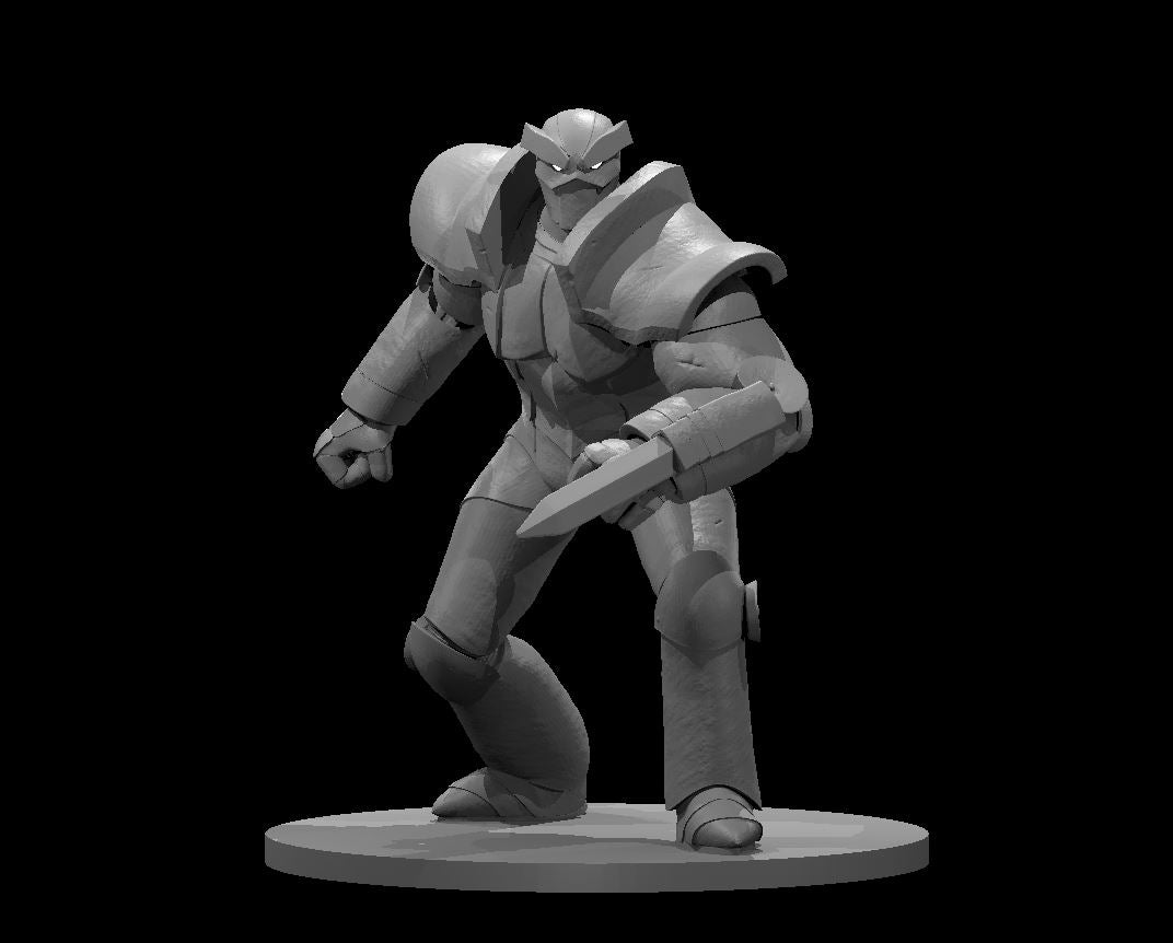 Grey resin unpainted digital render of the MZ4250 Iron Golem variation 2 miniature — a heavily armoured construct in a forward-crouching combat stance, gripping a shortsword low in its right hand with left fist clenched, wearing full segmented plate armour with angular pauldrons and a stern visored helm, mounted on a flat oval base