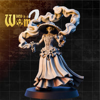 Female figure in a layered Victorian gown and wide-brimmed hat, arms outstretched with large billowing smoke tendrils coiling from both hands. Masked face, corseted bodice with filigree detail. Sculpt by DnD Is A Woman.