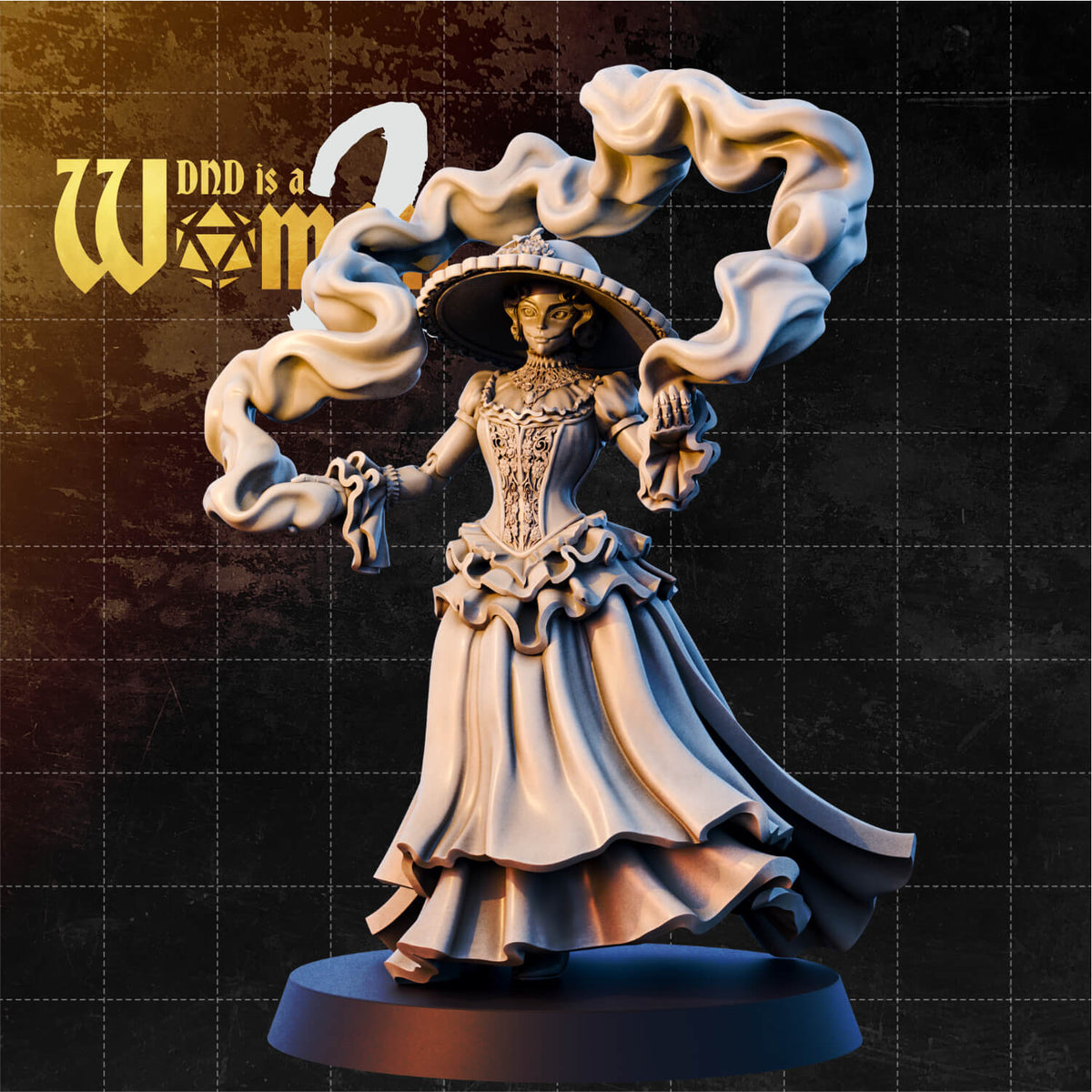 Female figure in a layered Victorian gown and wide-brimmed hat, arms outstretched with large billowing smoke tendrils coiling from both hands. Masked face, corseted bodice with filigree detail. Sculpt by DnD Is A Woman.