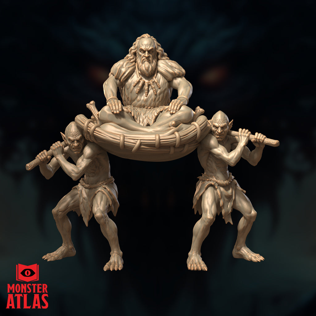 Front-facing digital render of Iuz the Evil cambion demigod miniature by Monster Atlas — a muscular bearded figure with long wild hair and bone fetishes seated cross-legged on a rope-lashed litter, carried by two gaunt goblin thralls on wooden poles, unpainted resin in warm tan, dark background