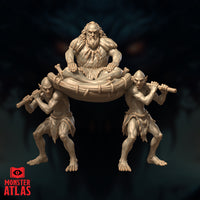 Front-facing digital render of Iuz the Evil cambion demigod miniature by Monster Atlas — a muscular bearded figure with long wild hair and bone fetishes seated cross-legged on a rope-lashed litter, carried by two gaunt goblin thralls on wooden poles, unpainted resin in warm tan, dark background