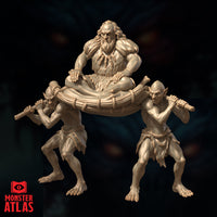 Slightly elevated angle digital render of the Iuz the Evil miniature set showing the litter bearer goblins in strained mid-step poses, their tattered wraps and clawed feet visible, with Iuz seated above in cold repose, all three figures in unpainted tan resin against a dark background