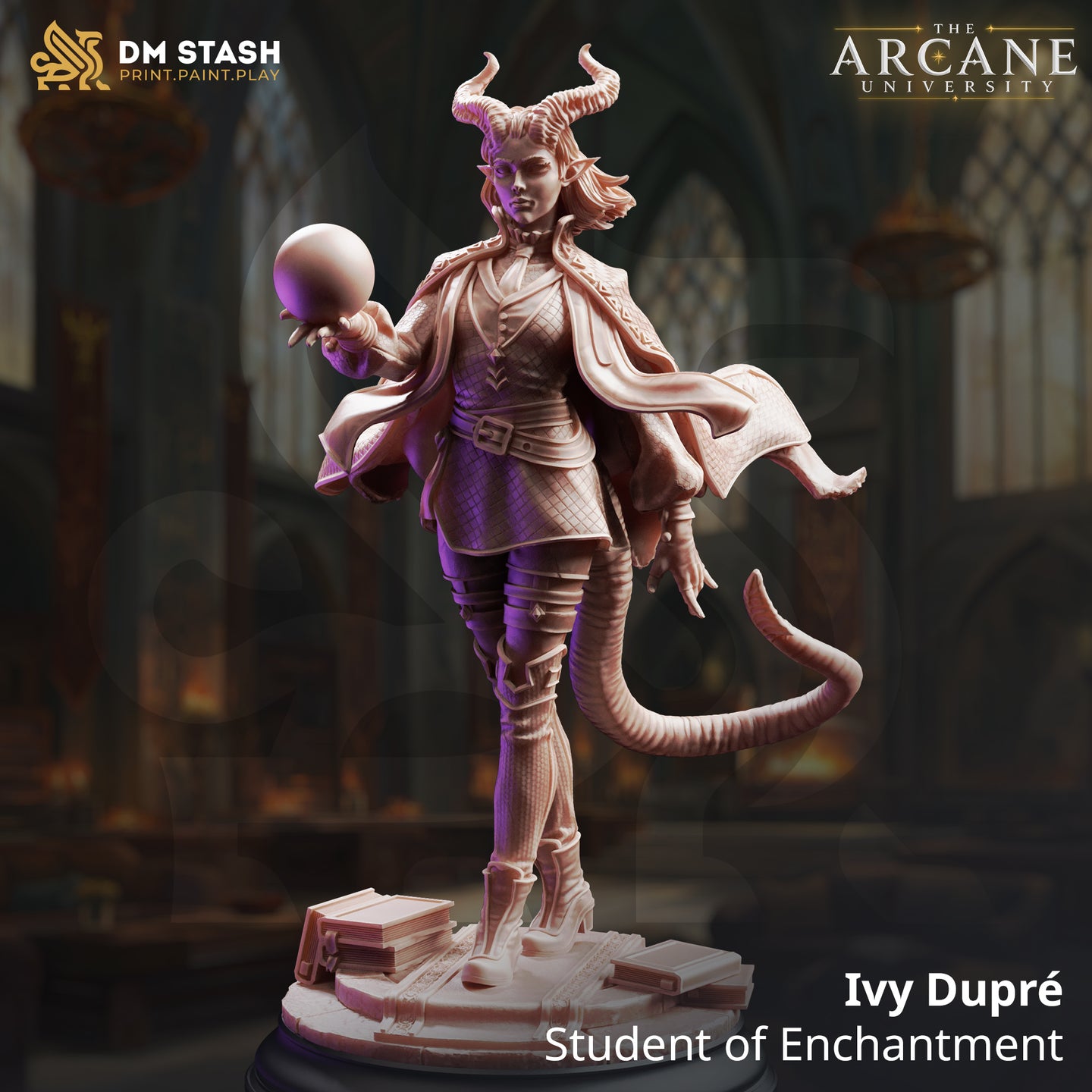 Front-facing digital render of Ivy Dupré, a tiefling Student of Enchantment miniature by DM Stash — unpainted resin, featuring swept-back horns, a flowing cape, scaled tail, and an arcane orb held aloft in her right hand, standing on a base scattered with spellbooks