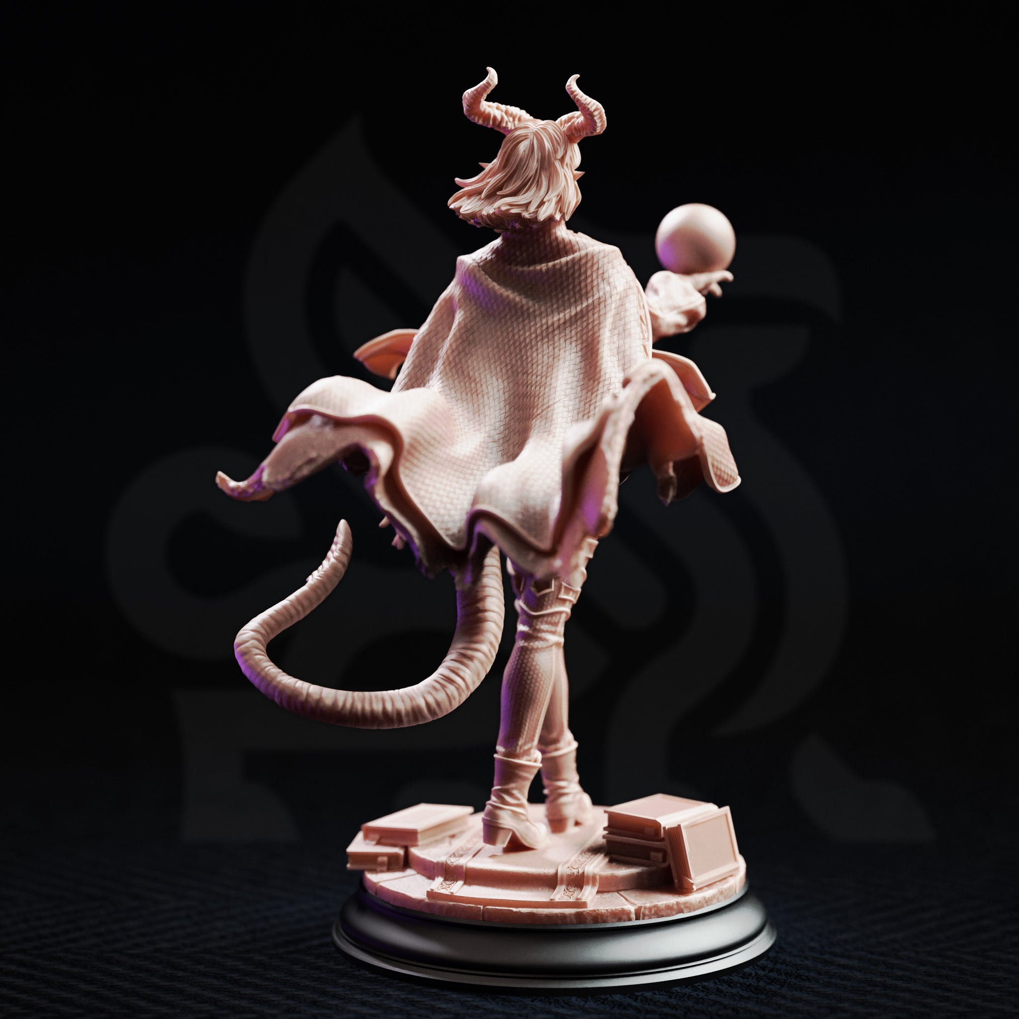 Rear view of the Ivy Dupré tiefling enchantment student miniature — unpainted resin render showing detailed cape fabric folds, coiling scaly tail, and the back of her swept horns and windswept hair, with spellbook scatter base visible