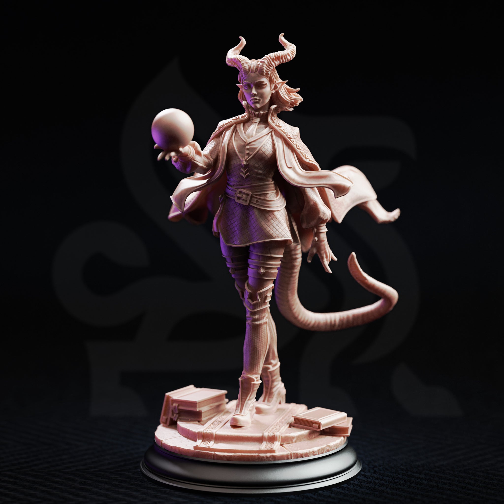 Three-quarter front view of Ivy Dupré miniature against a dark background — unpainted resin, showing her quilted tunic, wide leather belt, knee-high boots, billowing open cape, tiefling horns and tail, and arcane orb raised in her outstretched hand