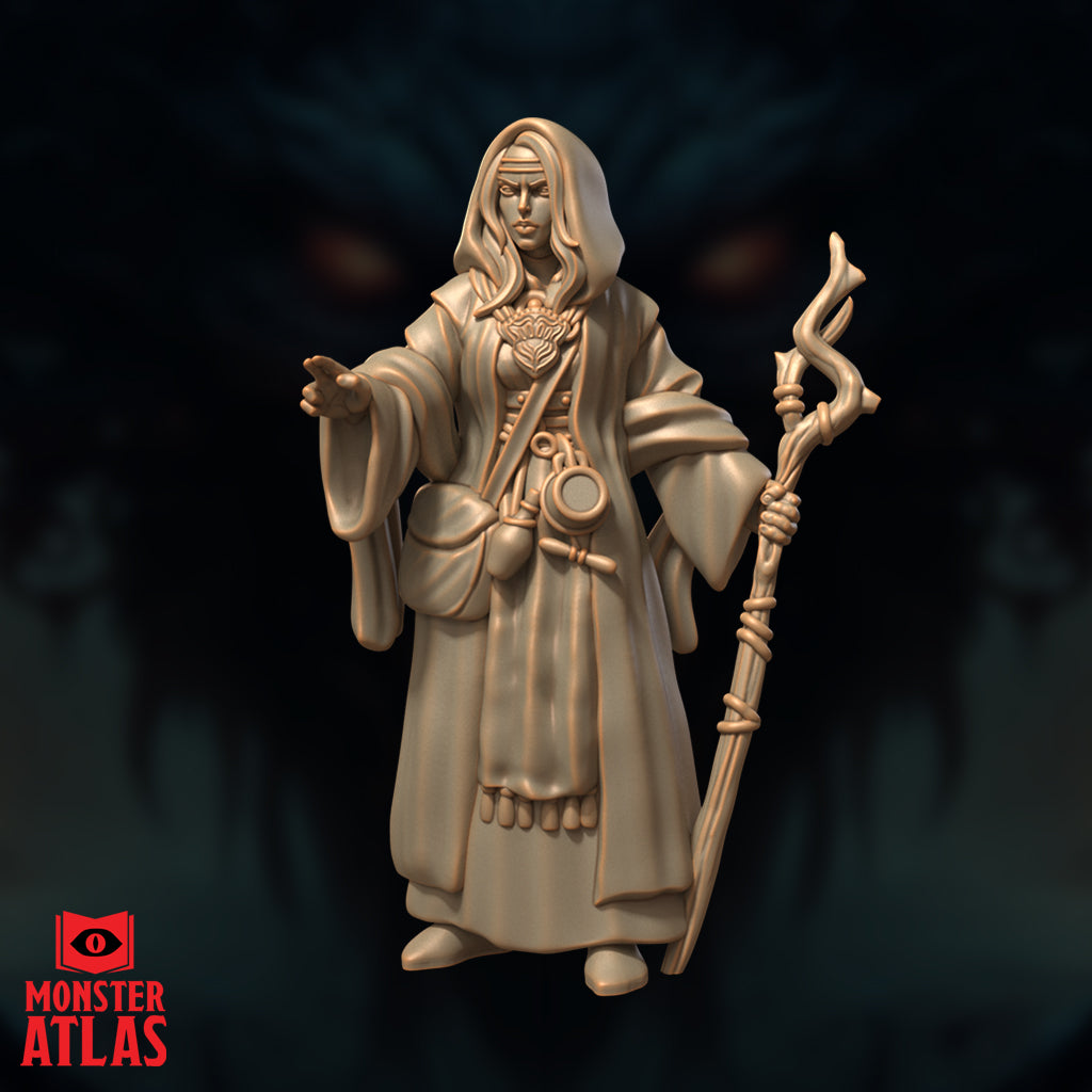 Front-facing digital render of Jallarzi Sallavarian miniature — a hooded robed female arcane scholar holding a gnarled twisted staff in her right hand, left hand extended with fingers poised mid-gesture, ornate brooch at chest and small vials at belt, unpainted warm beige resin finish, 32mm scale by Monster Atlas