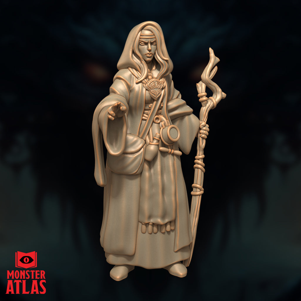 Close-up front digital render of Jallarzi Sallavarian miniature emphasising facial detail — sharp focused expression beneath a cloth headband, long hair framing the face, ornate brooch on chest clearly visible, staff held to one side and right hand reaching forward, unpainted warm beige resin finish by Monster Atlas