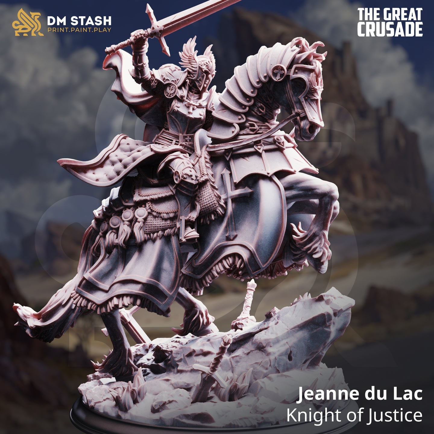 Digital render of Jeanne du Lac Knight of Justice mounted miniature from DM Stash's The Great Crusade range — unpainted grey resin, rearing warhorse, winged helm, raised greatsword, scenic rubble base