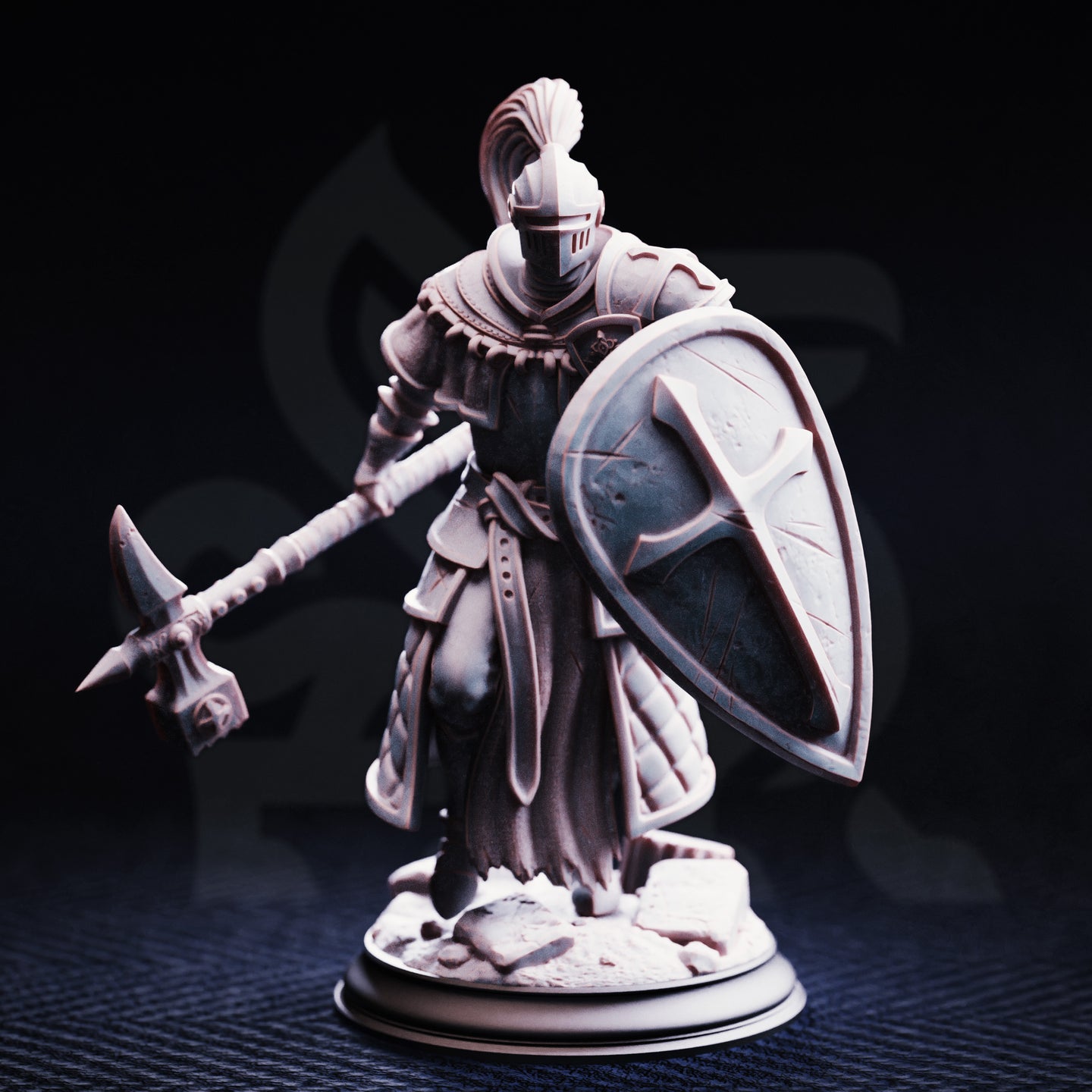 Front view of an unpainted grey resin Jeremus of Jochenia miniature — a heavily armoured crusader knight with layered plate and scale-backed robes, plumed visor helm, ornate war-hammer extended forward, and a battle-scarred kite shield raised at his side, mounted on a rubble scenic base