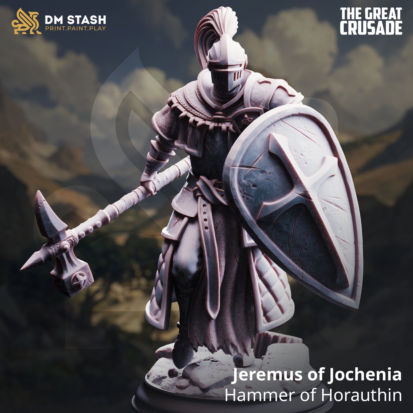 Digital render of Jeremus of Jochenia miniature from DM Stash's The Great Crusade range — an unpainted grey resin crusader knight in full plate armour with a plumed great-helm, carrying a long-hafted war-hammer in one hand and a large kite shield in the other, posed mid-stride on a rubble base