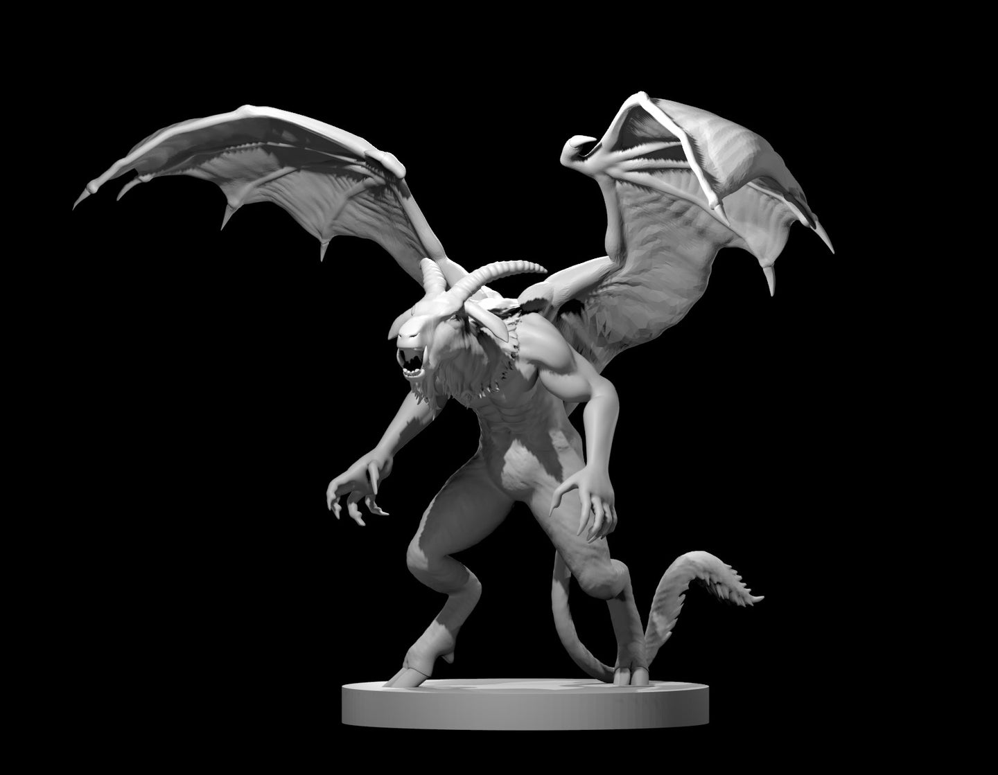 Unpainted grey resin digital render of the Jersey Devil 02 miniature by MZ4250 — a winged fiend with curved goat horns, outstretched clawed hands, wide membranous wings, and a barbed tail, posed mid-lunge on a round base, 32mm scale