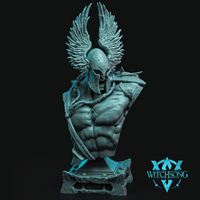 Bare-chested armoured warrior bust with broad upswept wings behind a cracked open-faced war helm, bone chains across the torso, curved blade at chest. Sculpt by Witchsong Miniatures.