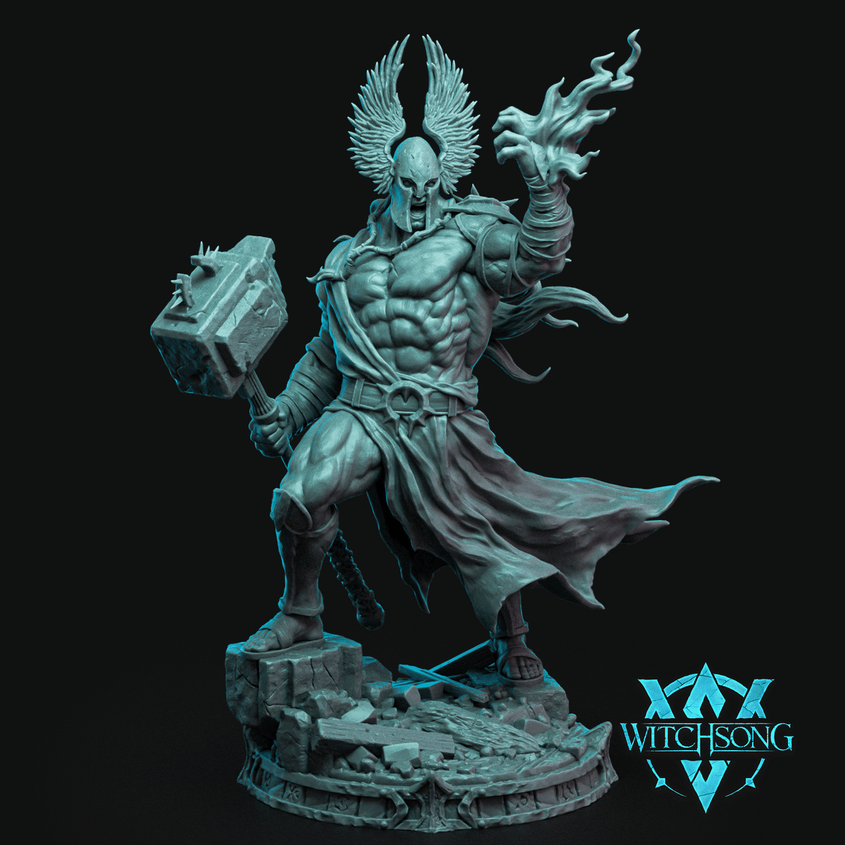 Bare-chested male warrior-god in a winged helm, swinging a broad rune-etched warhammer in his left hand while his right hand crackles with ghostly fire, cloak billowing behind him as he strides across a runed stone plinth strewn with broken masonry and arrows. Sculpt by Witchsong Miniatures.