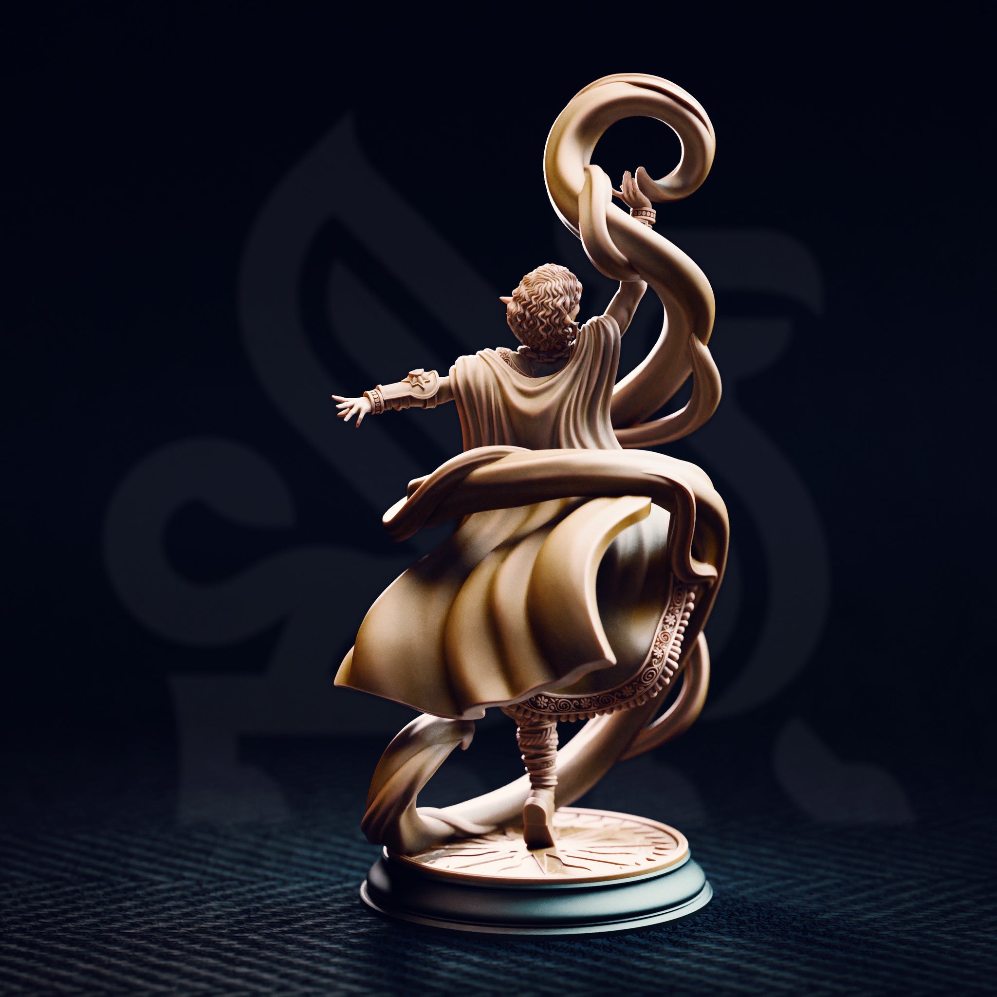 Rear view of the Juri the Lightdancer miniature — showing the back of the female elf sorceress with curly hair, sweeping cloak and robes in motion, raised arm holding a spiralling magical ribbon, and the ornately engraved sunburst base detail clearly visible