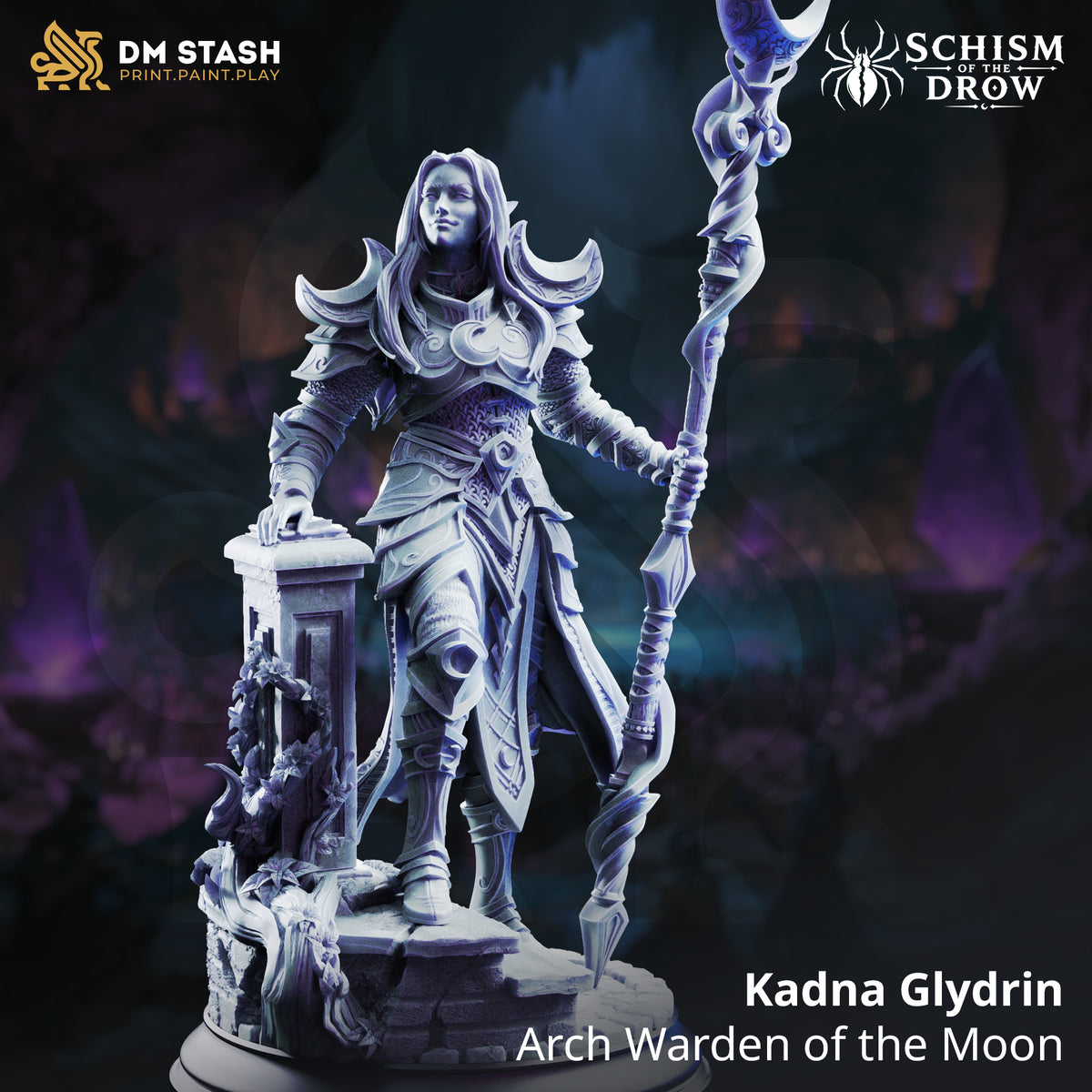 Rear view of Kadna Glydrin by DM Stash — flowing hair and cloak visible, crescent-moon staff raised high, back detailing on layered armour and skirt panels, ruined pillar base with organic vine growth.