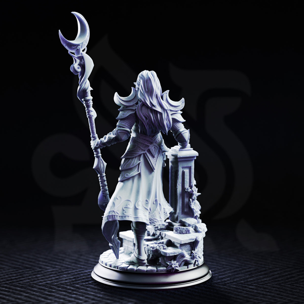 Kadna Glydrin by DM Stash — female elven warrior-mage standing on a vine-wrapped ruined stone base, holding a tall twisted staff topped with a crescent blade, wearing crescent pauldrons and filigree breastplate.