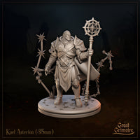 Front view of Kael Asterion 35mm resin miniature — unpainted grey render showing a bearded armoured cleric holding a compass-rose mace, surrounded by orbiting eight-pointed star-blades on conjured lances, with a compass sigil on chest and belt, and a flowing cape