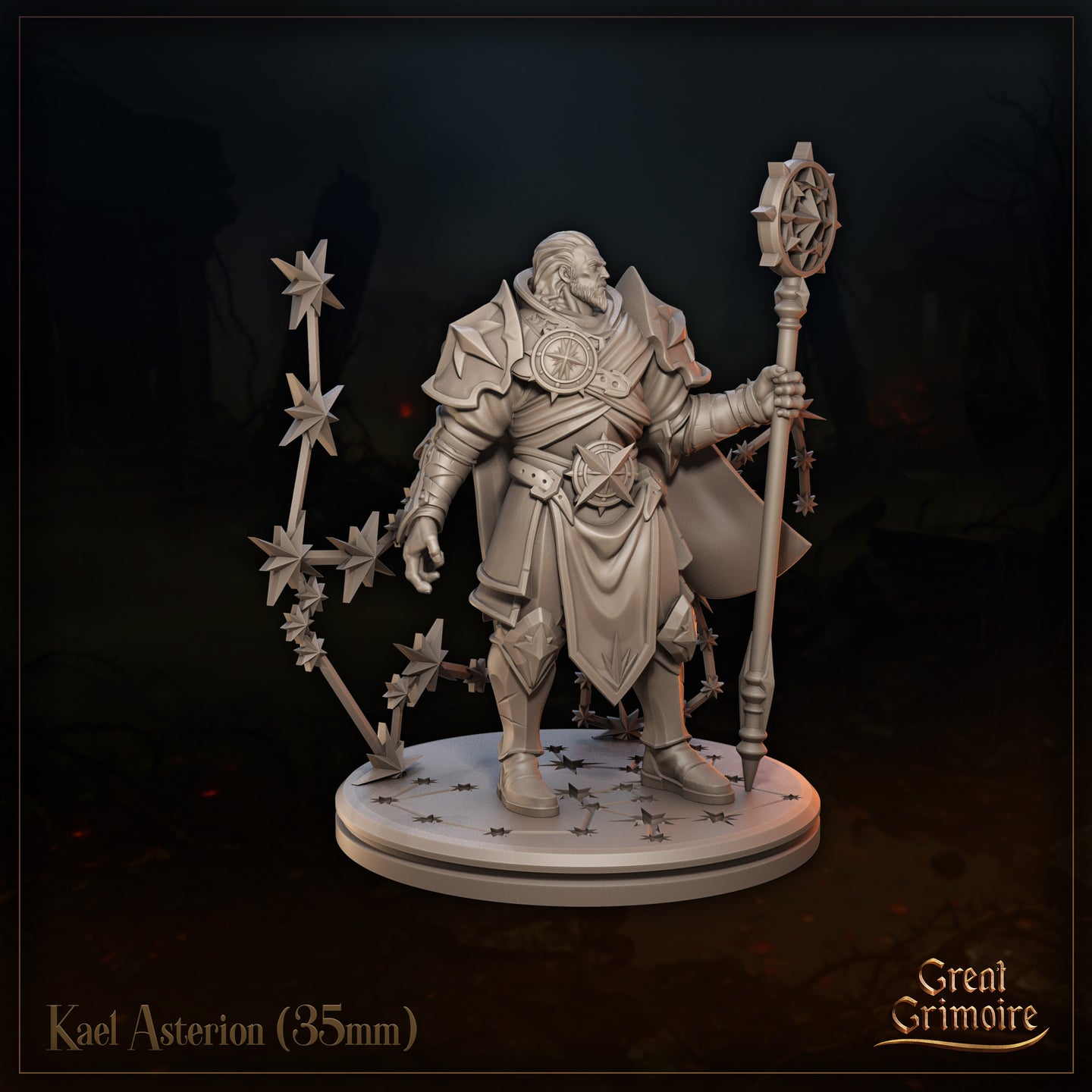 Three-quarter front view of Kael Asterion 35mm resin miniature — unpainted grey render highlighting the layered armour detail, compass-rose belt buckle, star-blade formations orbiting the figure, and scattered star-blades across the scenic base