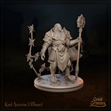 Three-quarter front view of Kael Asterion 35mm resin miniature — unpainted grey render highlighting the layered armour detail, compass-rose belt buckle, star-blade formations orbiting the figure, and scattered star-blades across the scenic base