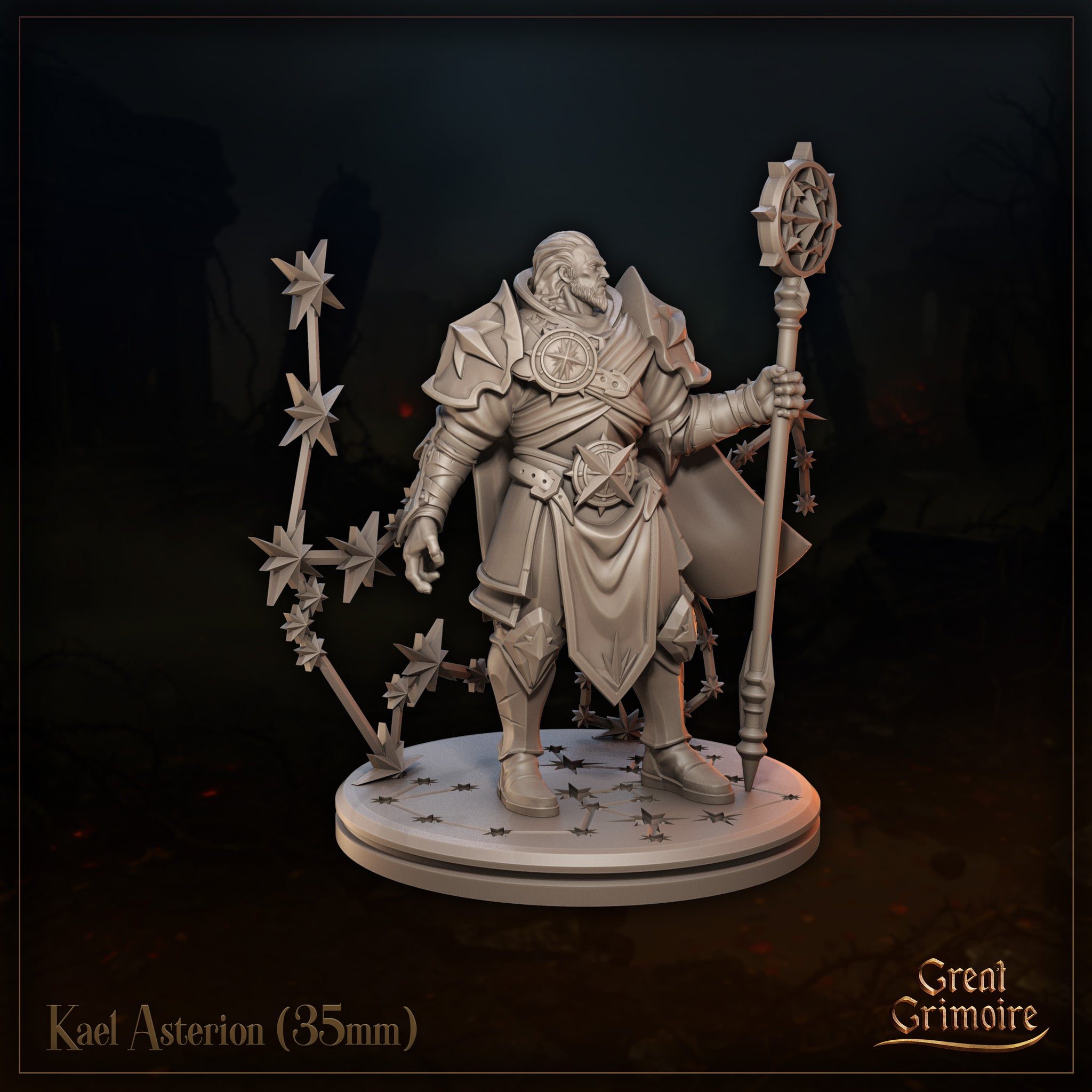 Three-quarter front view of Kael Asterion 35mm resin miniature — unpainted grey render highlighting the layered armour detail, compass-rose belt buckle, star-blade formations orbiting the figure, and scattered star-blades across the scenic base