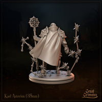 Rear view of Kael Asterion 35mm resin miniature — unpainted grey render showing the full flowing cape, runic inscription along the collar, the compass-rose mace head, and the sweeping orbiting star-lance formations extending behind the figure