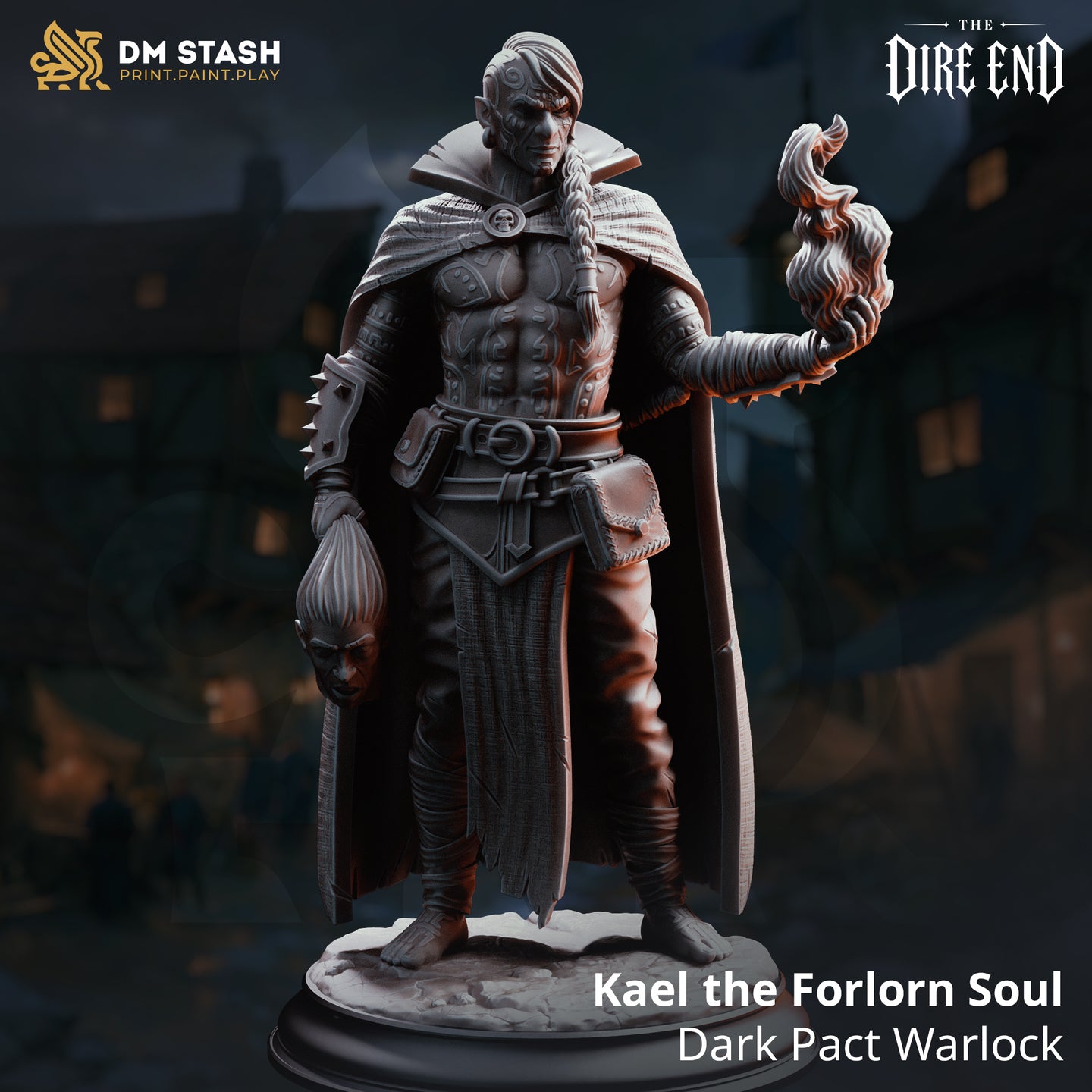 Rear of a cloaked warlock miniature showing finely textured woven linen fabric with visible tears and creases, warlock flame visible over the right shoulder, standing on a cracked scenic base. Sculpt by DM Stash.