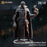 Rear of a cloaked warlock miniature showing finely textured woven linen fabric with visible tears and creases, warlock flame visible over the right shoulder, standing on a cracked scenic base. Sculpt by DM Stash.