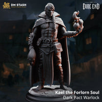 Rear of a cloaked warlock miniature showing finely textured woven linen fabric with visible tears and creases, warlock flame visible over the right shoulder, standing on a cracked scenic base. Sculpt by DM Stash.