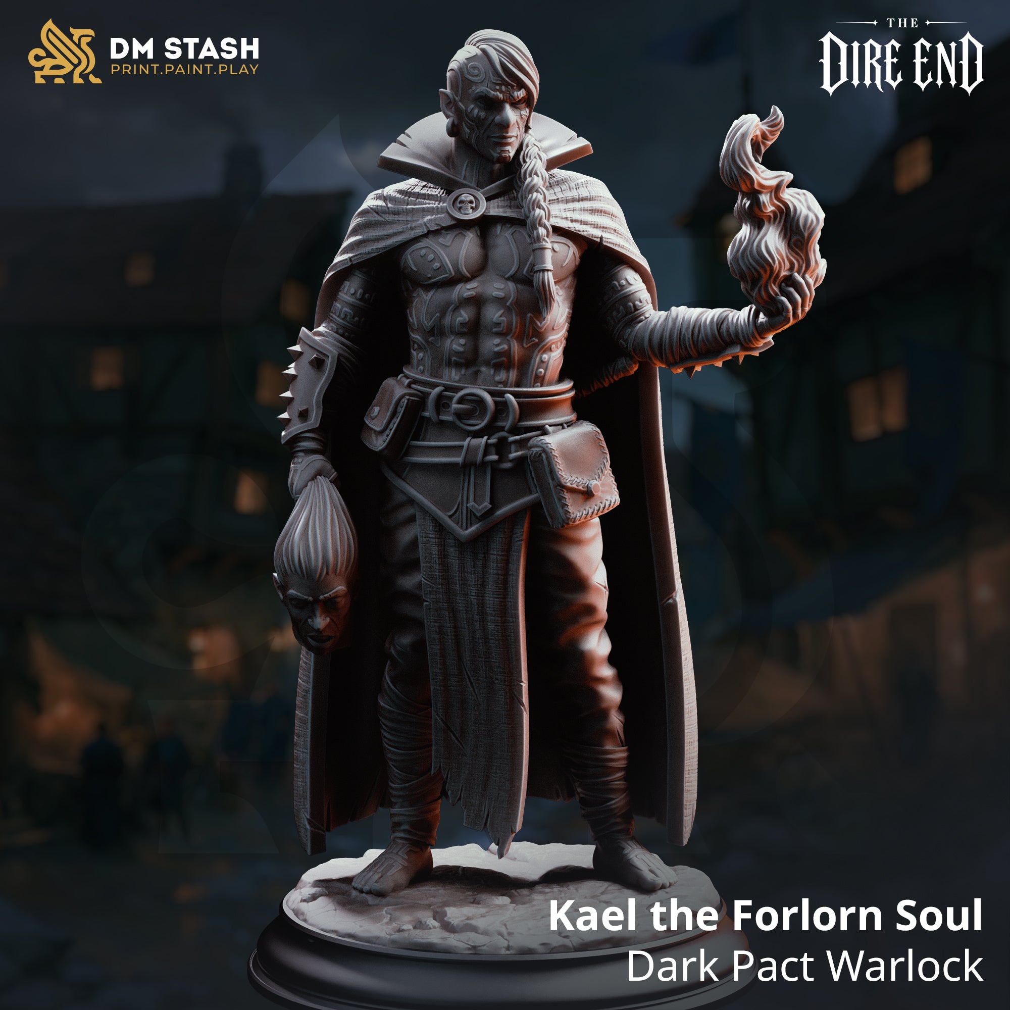 Rear of a cloaked warlock miniature showing finely textured woven linen fabric with visible tears and creases, warlock flame visible over the right shoulder, standing on a cracked scenic base. Sculpt by DM Stash.