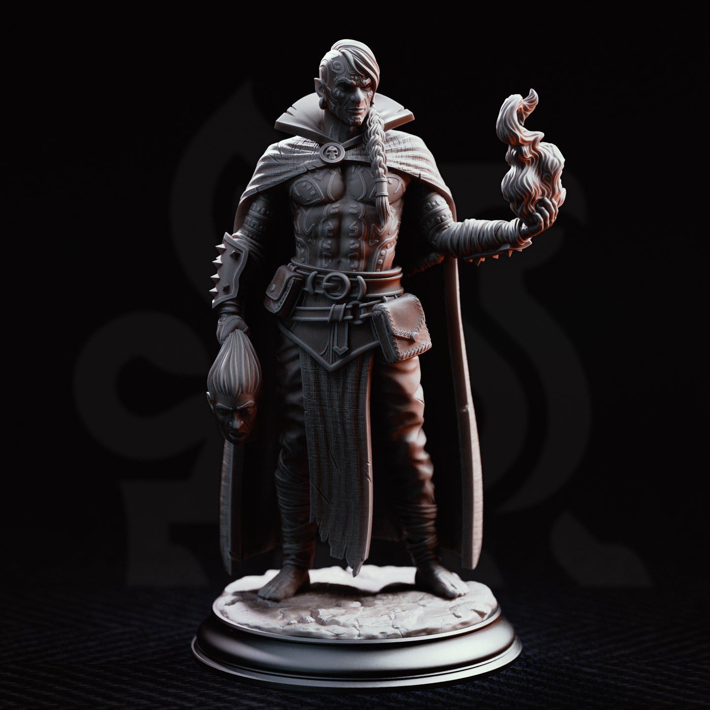 Male warlock miniature with braided white hair, spiked forearm wraps, and a skull-clasp cloak, holding conjured flame aloft and dangling a knotted effigy by its hair at his side. Sculpt by DM Stash.