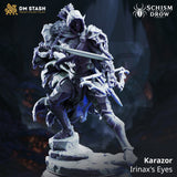 Rear view of hooded drow ranger showing a large feathered arrow bundle strapped to his back, dramatic cloak folds, serpentine tail-like cloak hem, and detailed scaled leg armour. Sculpt by DM Stash.
