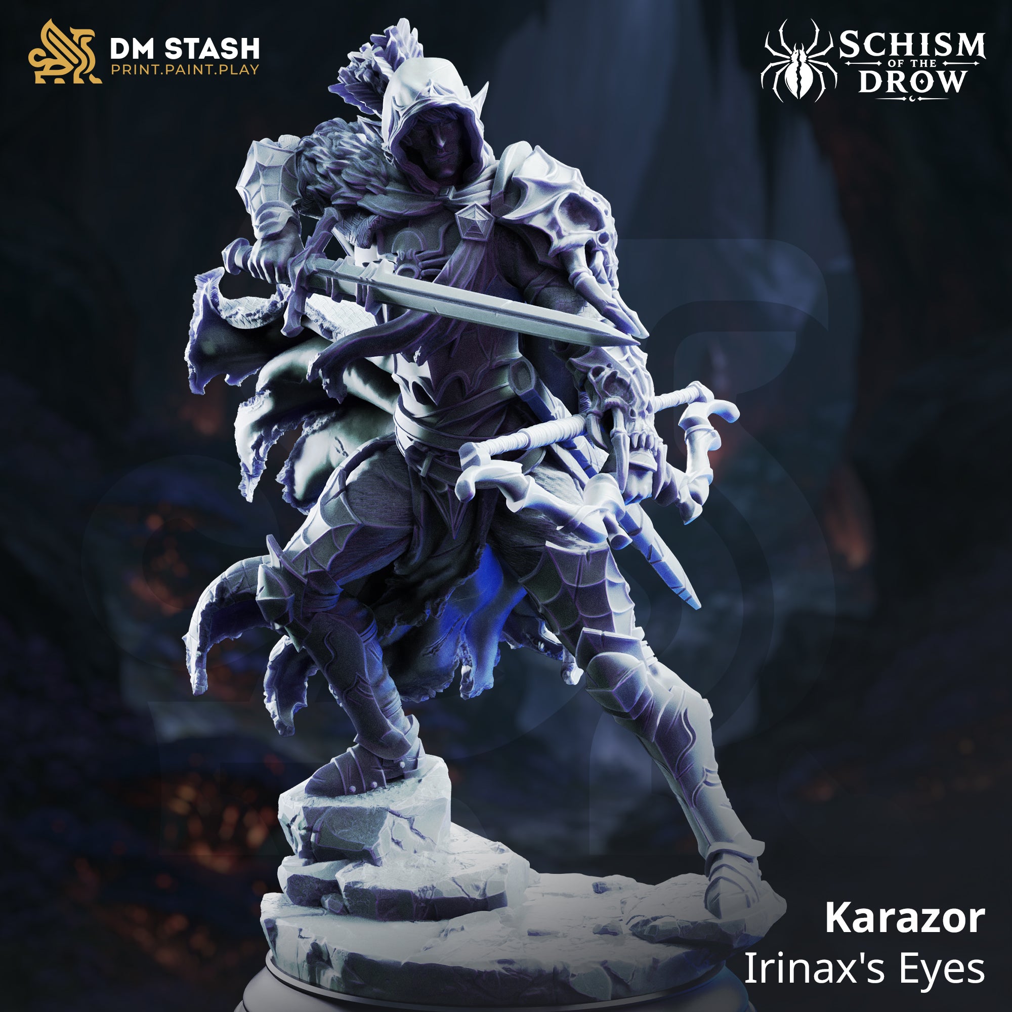 Rear view of hooded drow ranger showing a large feathered arrow bundle strapped to his back, dramatic cloak folds, serpentine tail-like cloak hem, and detailed scaled leg armour. Sculpt by DM Stash.