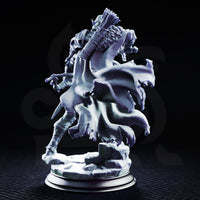 Drow ranger in scaled armour with feathered quiver at his back, mid-stride on a cracked stone scenic base, sword extended and cloak swept behind him. Sculpt by DM Stash.