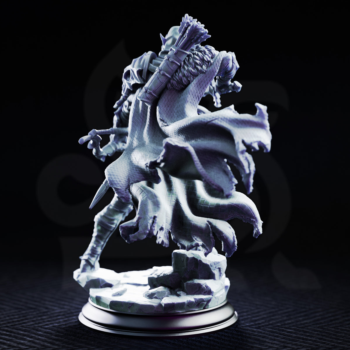 Drow ranger in scaled armour with feathered quiver at his back, mid-stride on a cracked stone scenic base, sword extended and cloak swept behind him. Sculpt by DM Stash.