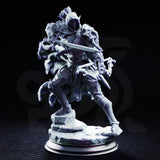Hooded drow ranger striding forward with longsword levelled in one hand and a bone-tipped rod in the other, wearing skull-adorned pauldrons and a billowing tattered cloak. Sculpt by DM Stash.