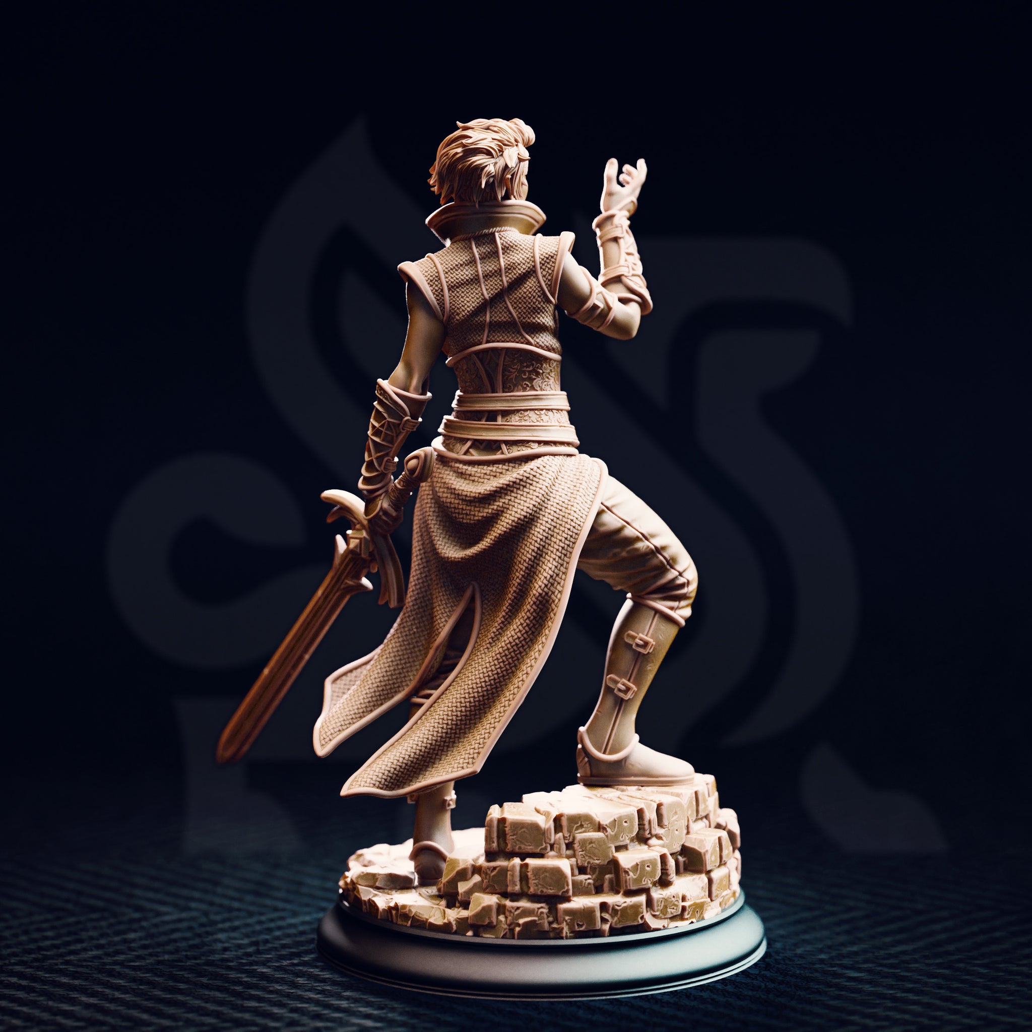 Rear view of the Karisia of Timberly half-elf Hexblade miniature — unpainted resin showing the woven texture of her long split tabard, laced bracers, elven longsword hilt detail, and the full sculpted rubble base, photographed against a dark studio background