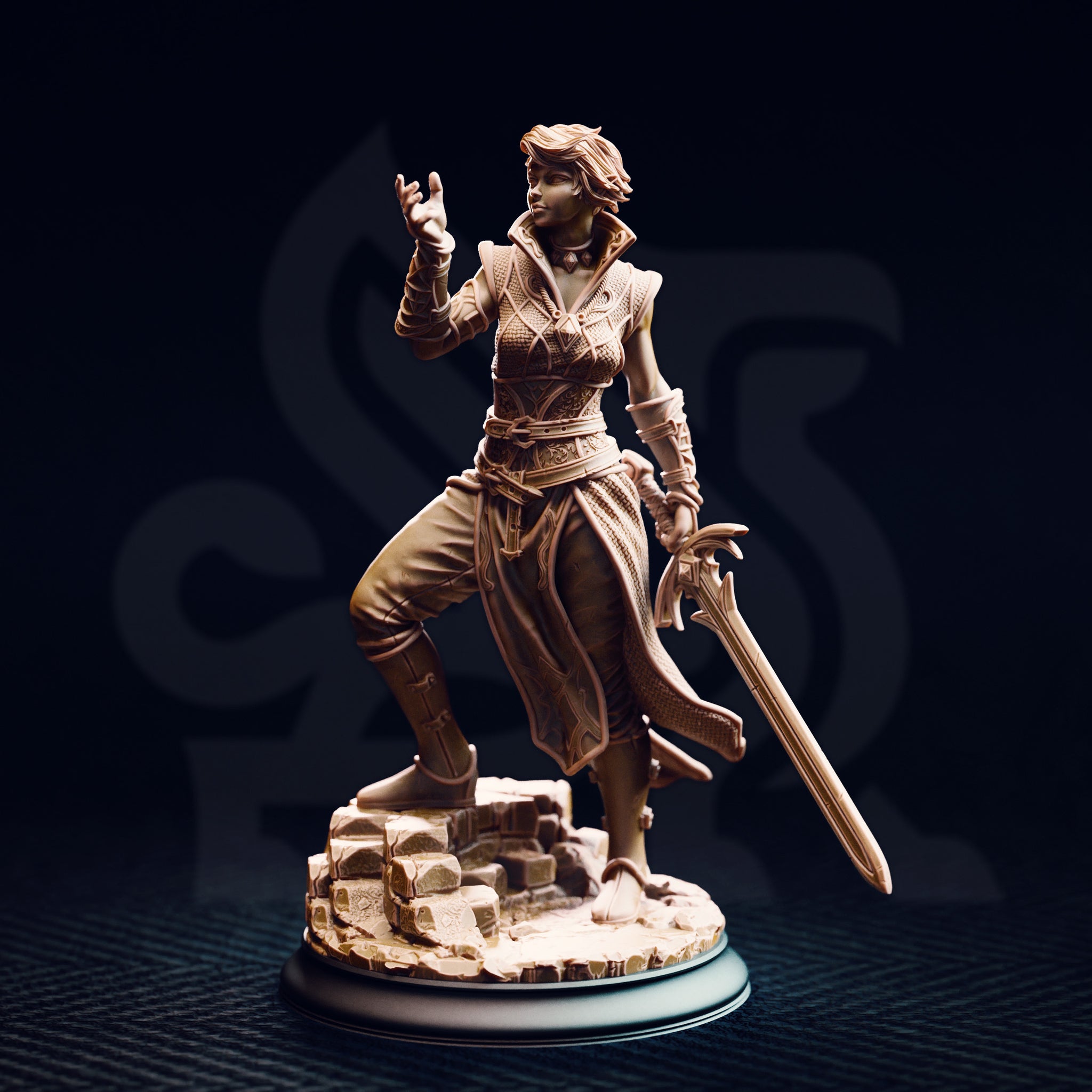 Front view of the printed Karisia of Timberly half-elf Hexblade miniature — unpainted buff-coloured resin, dynamic pose with raised hand and lowered elven longsword, detailed scale-texture armour, engraved belt, and chunky broken-stone rubble base, photographed against a dark studio background