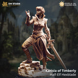 DM Stash product render of Karisia of Timberly, a half-elf Hexblade miniature — unpainted sculpt shown against a blurred jungle ruin background, one hand raised in an arcane gesture, the other holding an ornate longsword lowered at her side, wearing layered scale armour and a long split tabard over buckled boots, standing on a rubble stone base