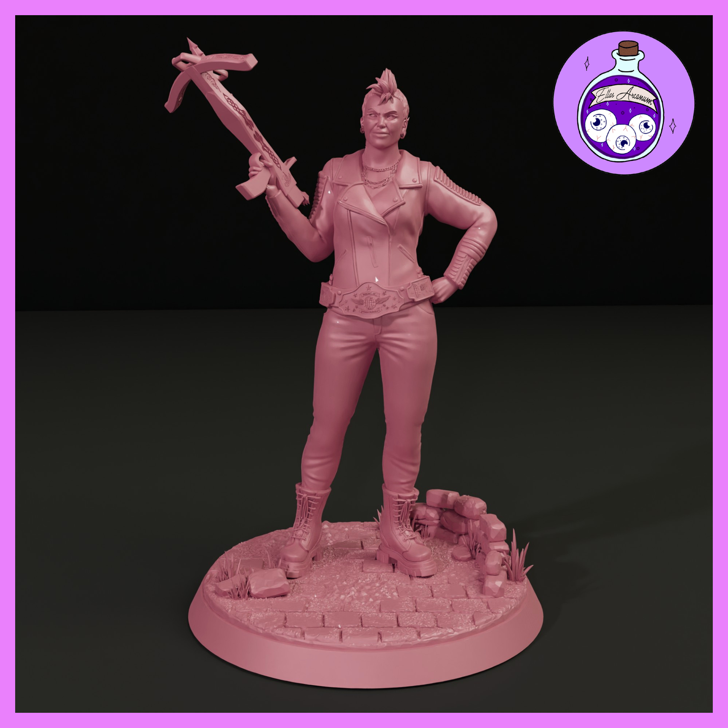 Unpainted pink resin display miniature of Katia Grim at 1:12 scale — a confident broad-shouldered woman with a punk mohawk hairstyle, wearing a leather jacket with chain necklaces and a championship belt, holding an ornate crossbow aloft over one shoulder with hand on hip. Sculpted by Ella's Arcanum Minis.