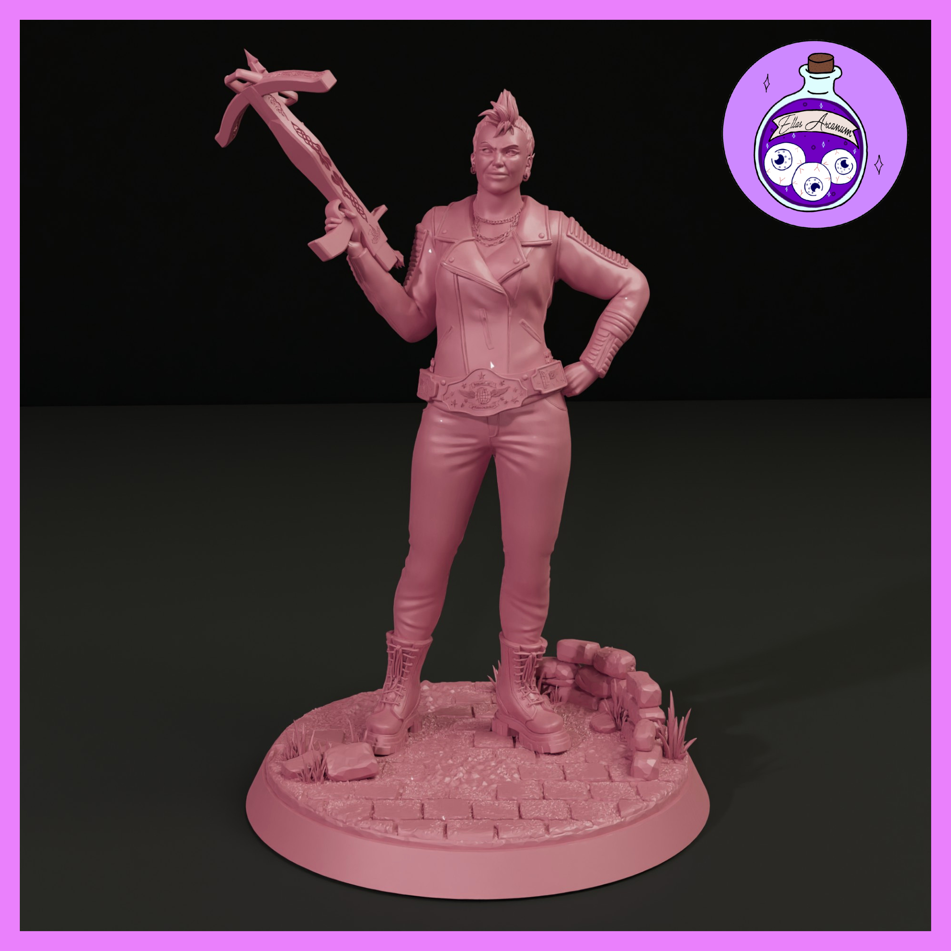Unpainted pink resin display miniature of Katia Grim at 1:12 scale — a confident broad-shouldered woman with a punk mohawk hairstyle, wearing a leather jacket with chain necklaces and a championship belt, holding an ornate crossbow aloft over one shoulder with hand on hip. Sculpted by Ella's Arcanum Minis.