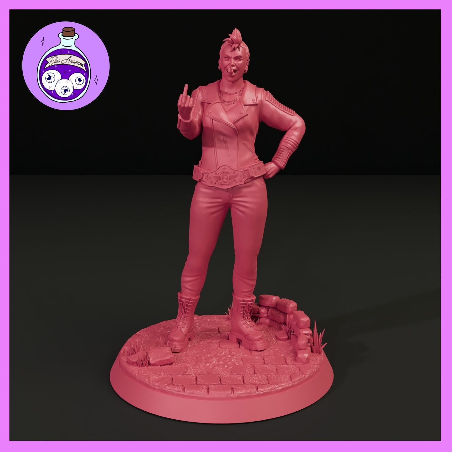 Unpainted pink resin display miniature of Katia Grim (Pose 2) at 1:12 scale — same leather-jacket-wearing punk woman with mohawk, this time hand on hip and middle finger raised defiantly, cigarette between her lips, championship belt clearly visible. Sculpted by Ella's Arcanum Minis.