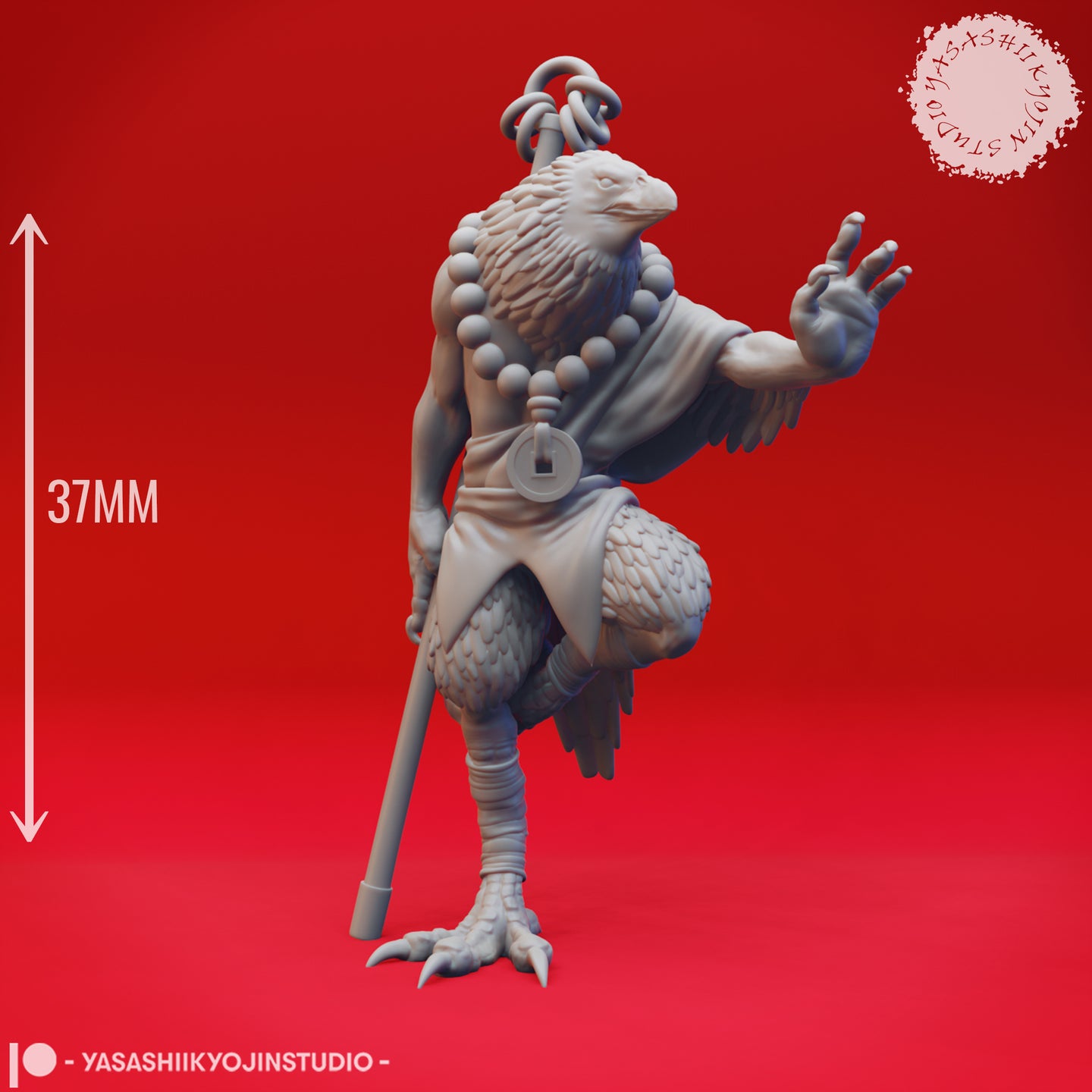 Grey resin digital render of the kenku birdfolk miniature with a 37mm height measurement indicator shown to the left — front three-quarter view showing full sculpt scale