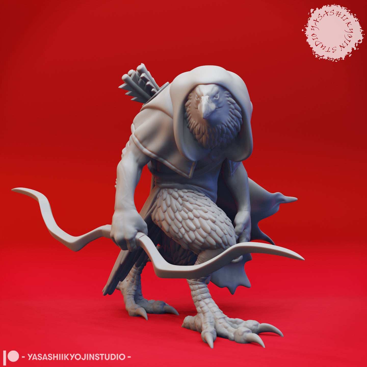 Digital render of an unpainted grey kenku ranger miniature in a crouching pose, holding a longbow with a quiver of arrows over one shoulder, wearing a hood and cloak, with scaled legs and taloned feet — sculpted by Yasashii Kyojin Studio