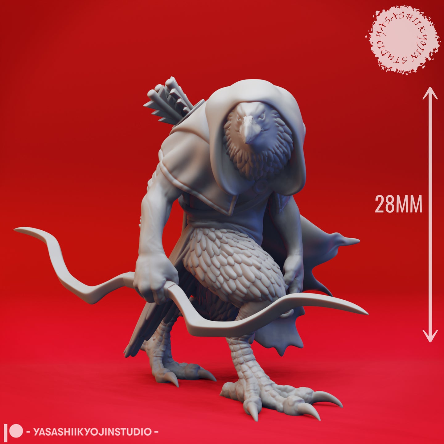 Digital render of an unpainted grey kenku ranger miniature shown at 28mm scale, in a low crouching stance with longbow in hand, hooded and cloaked with detailed feathering across the chest and taloned raptor feet