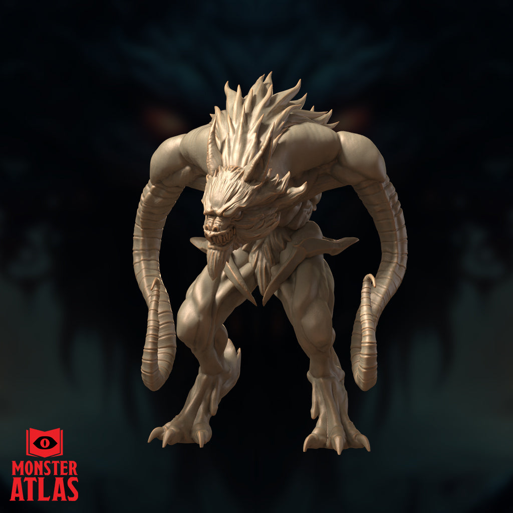 Kerzit the Abyssal Lord facing forward in a hunched predatory stance, twin tentacle limbs swept wide, snarling fanged face crowned with sharp spines. Sculpt by Monster Atlas.