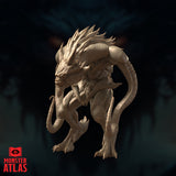 Kerzit the Abyssal Lord seen from a three-quarter angle, heavy musculature visible across the back and shoulders, long segmented tentacles curling downward, taloned feet splayed. Sculpt by Monster Atlas.